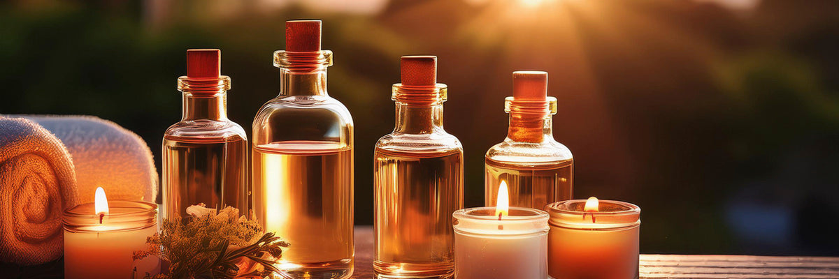 Contact us if you can not find the fragrance you want.. 4 Bottle of fragrance sat against a blurred sunseting background