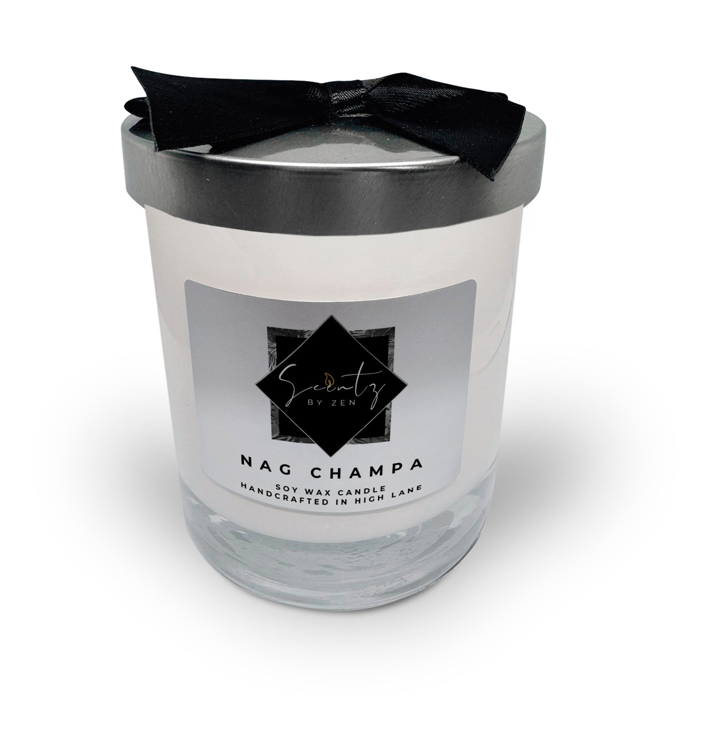 10oz White soy wax candle in a glass jar, labeled "Nag Champa" topped with a silver lid and black ribbon, handcrafted in High Lane.