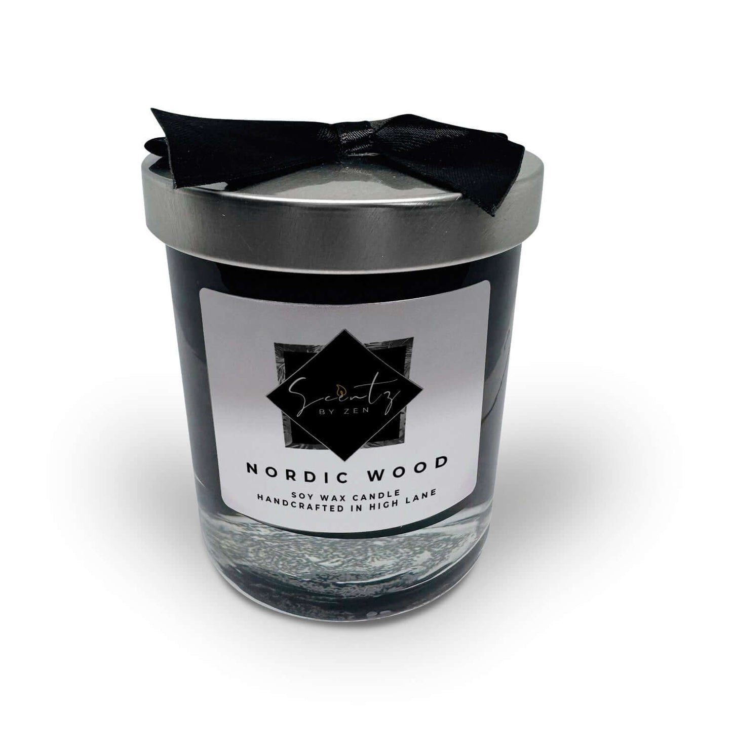 7oz Black soy wax candle in a glass jar, labeled "Nordic Wood" topped with a silver lid and black ribbon, handcrafted in High Lane.