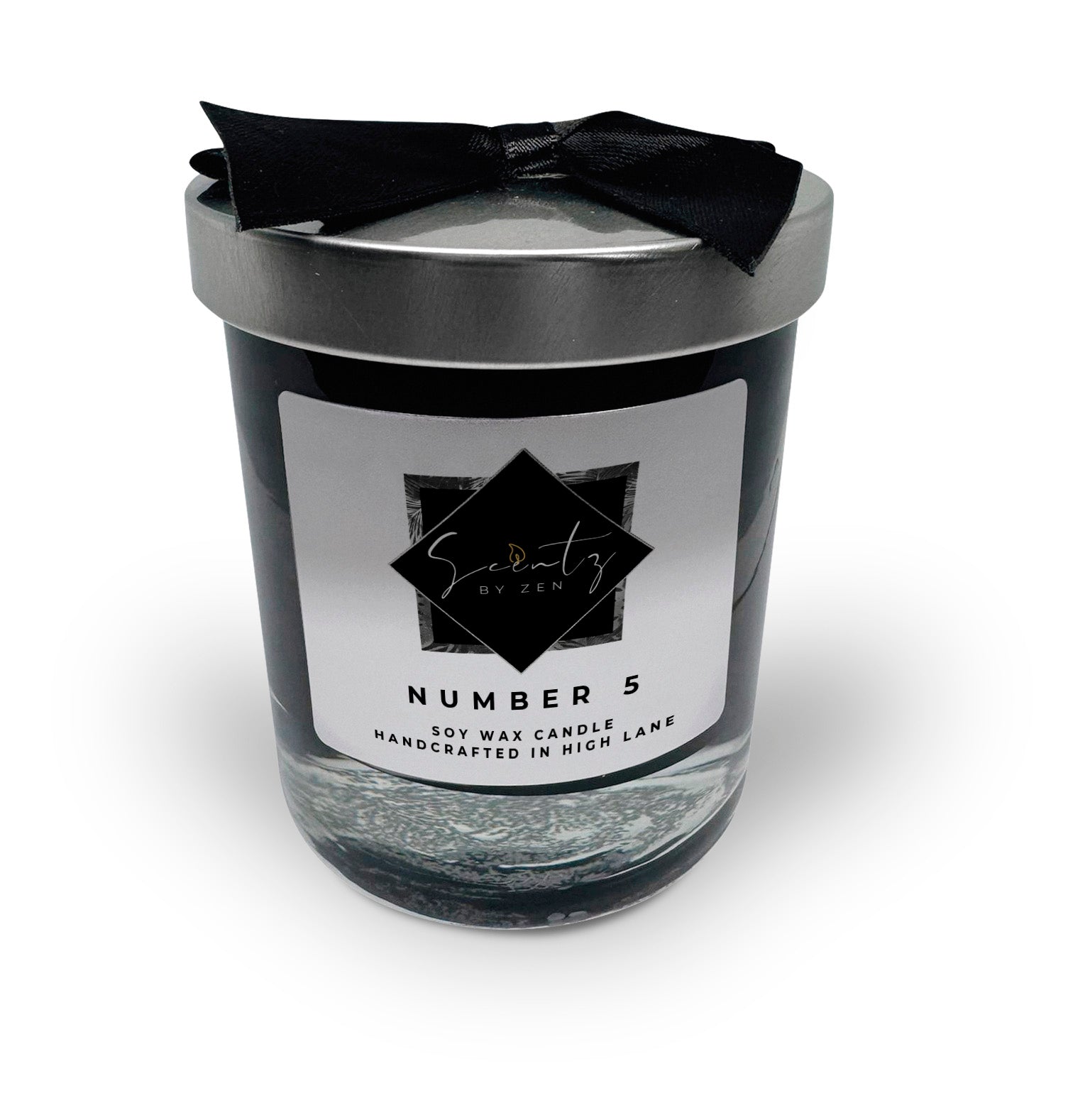 10oz Black soy wax candle in a glass jar, labeled "Number 5" topped with a silver lid and black ribbon, handcrafted in High Lane.