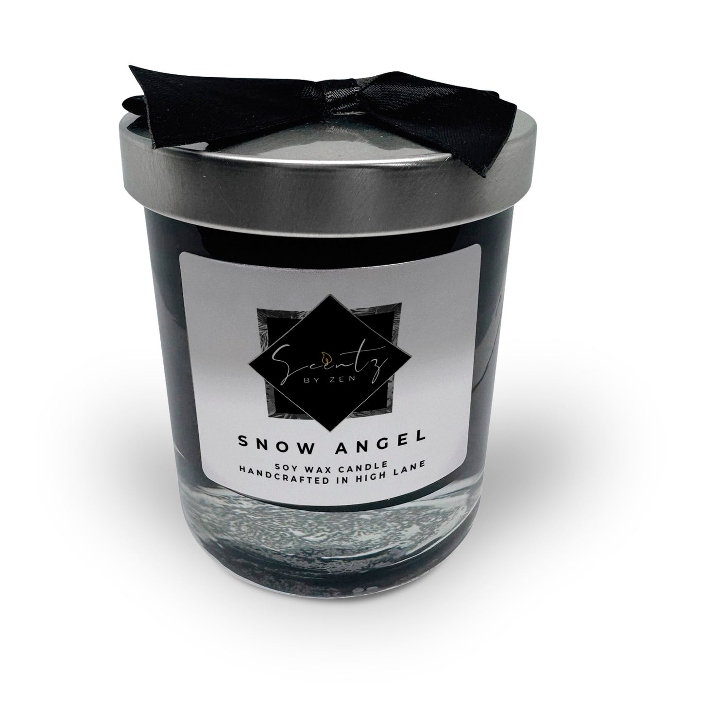 10oz Black soy wax candle in a glass jar, labeled "Snow Angel" topped with a silver lid and black ribbon, handcrafted in High Lane.