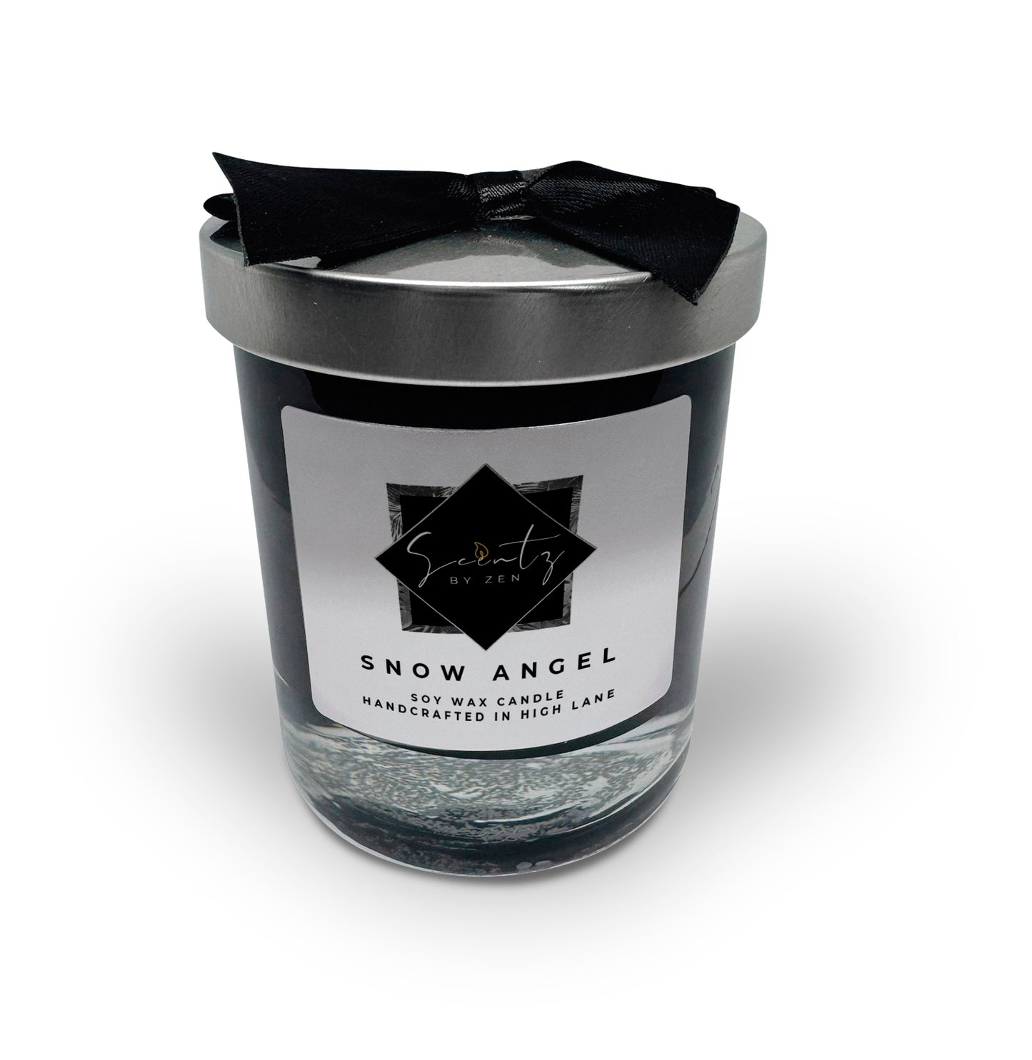 10oz Black soy wax candle in a glass jar, labeled "Snow Angel" topped with a silver lid and black ribbon, handcrafted in High Lane.