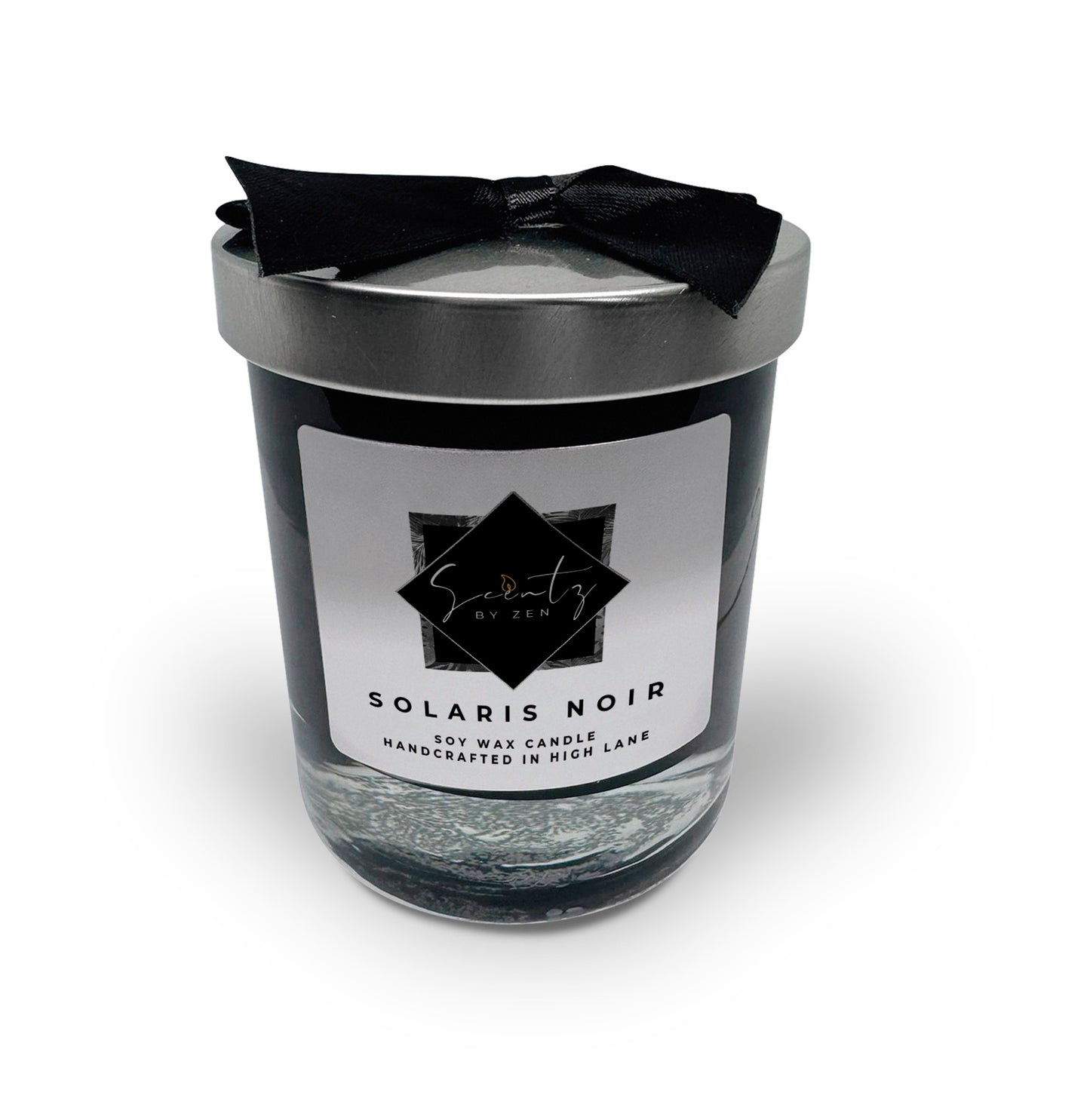 7oz Black soy wax candle in a glass jar, labeled "Solaris Noir" topped with a silver lid and black ribbon, handcrafted in High Lane.
