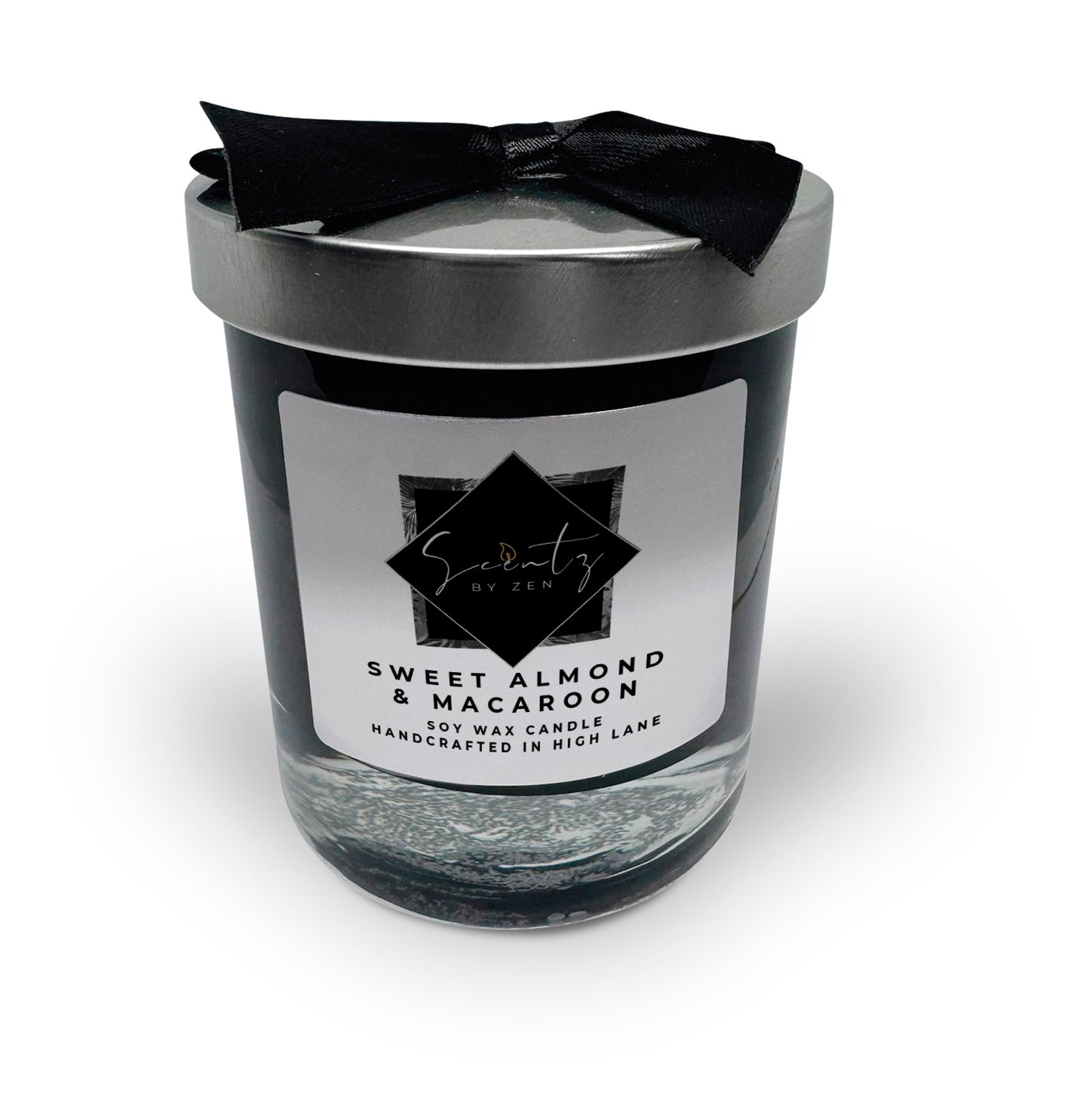 10oz Black soy wax candle in a glass jar, labeled "Sweet Almond & Macaroon" topped with a silver lid and black ribbon, handcrafted in High Lane.