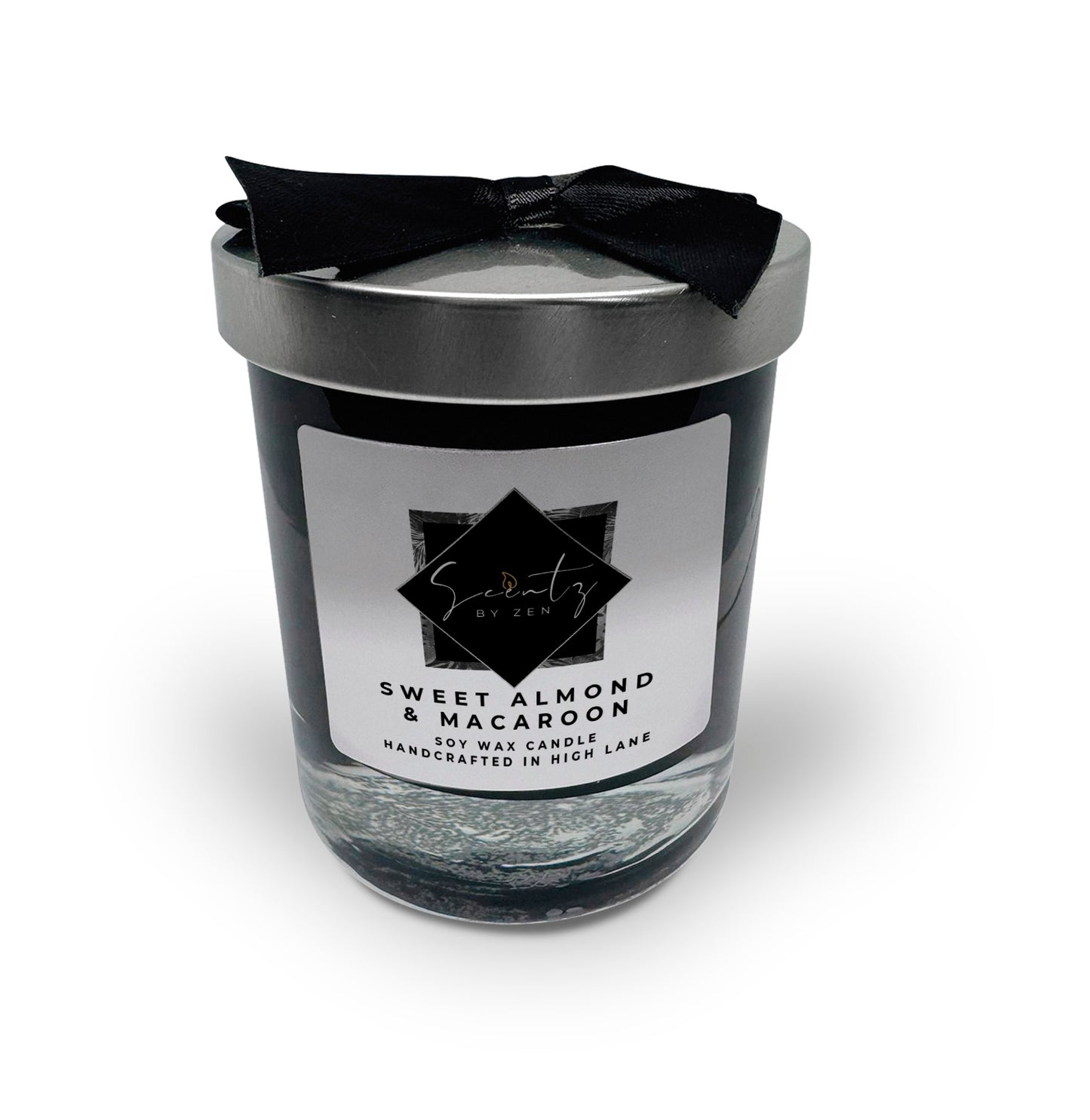 7oz Black soy wax candle in a glass jar, labeled "Sweet Almond & Macaroon" topped with a silver lid and black ribbon, handcrafted in High Lane.
