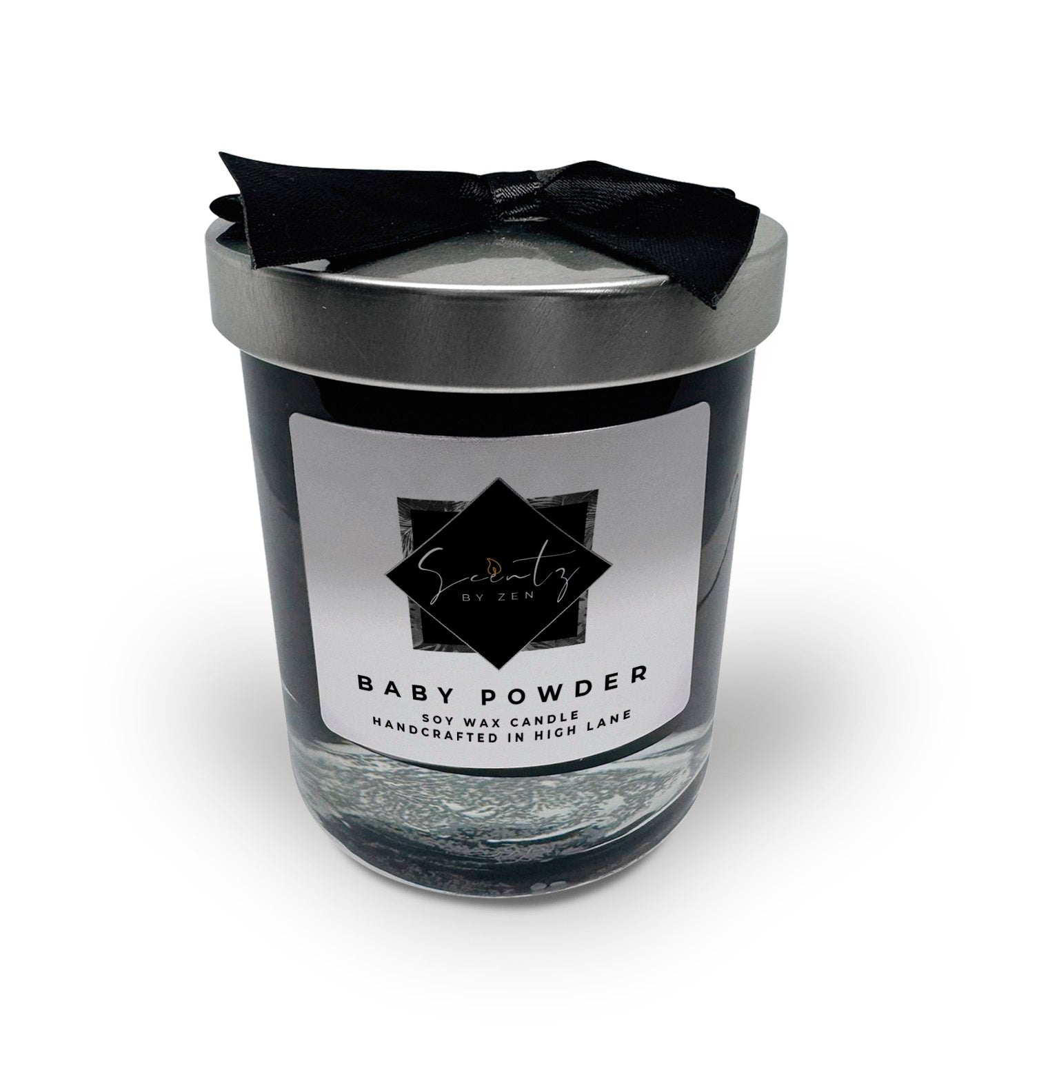 7oz Black soy wax candle in a glass jar, labeled "Baby Powder" topped with a silver lid and black ribbon, handcrafted in High Lane.