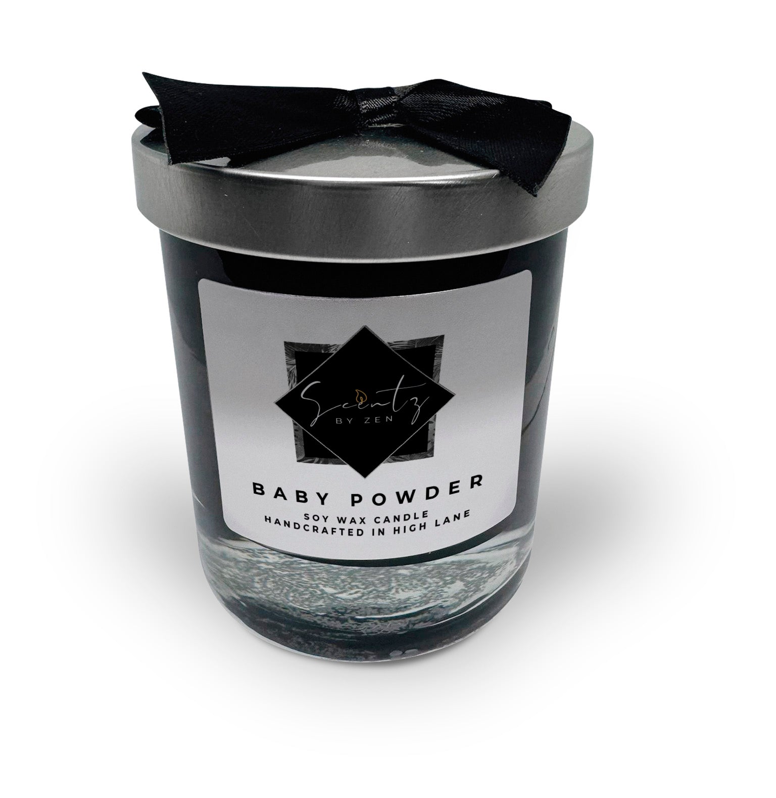 10oz Black soy wax candle in a glass jar, labeled "Baby Powder" topped with a silver lid and black ribbon, handcrafted in High Lane.