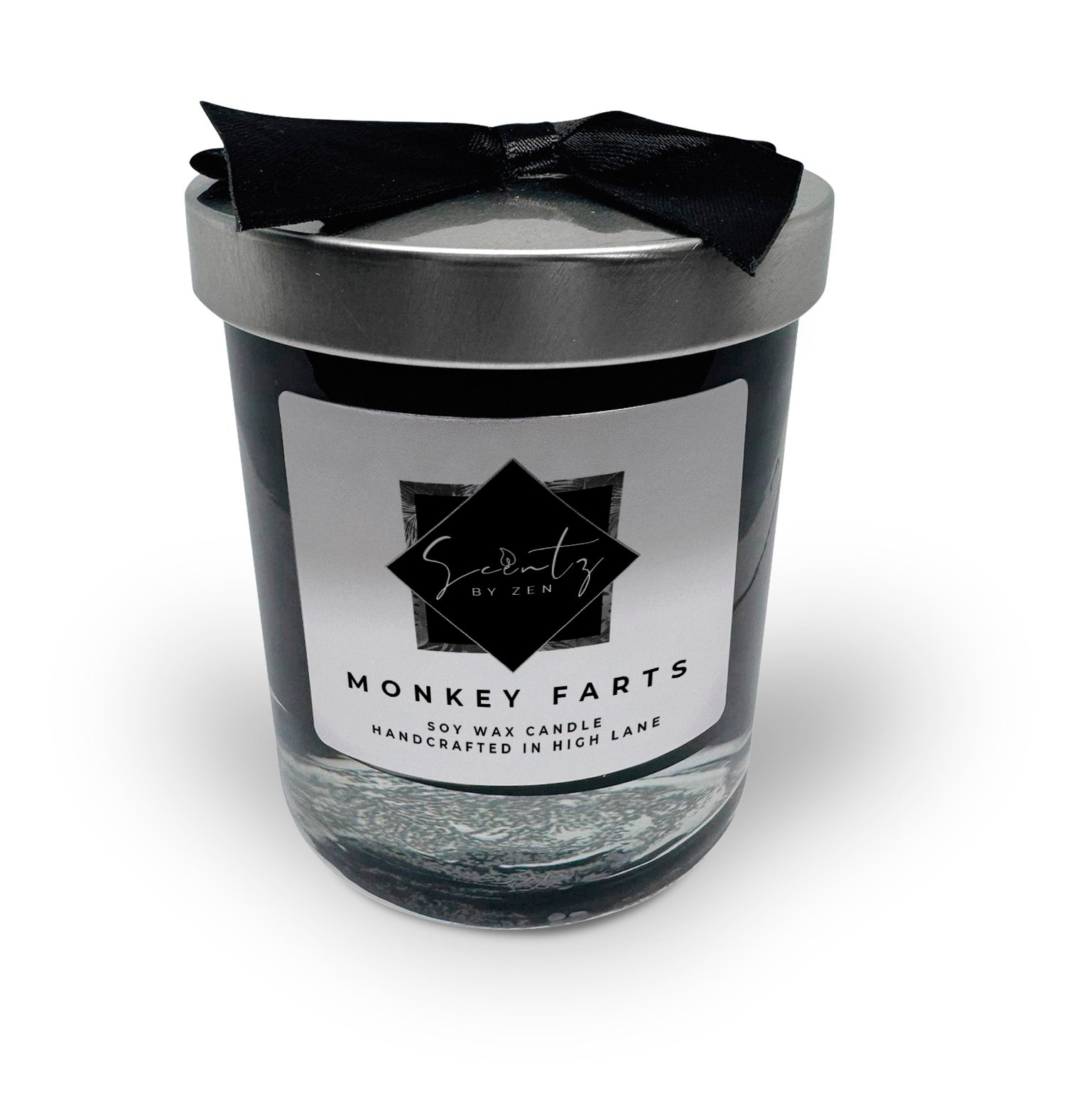 10oz Black soy wax candle in a glass jar, labeled "Monkey Farts" topped with a silver lid and black ribbon, handcrafted in High Lane.