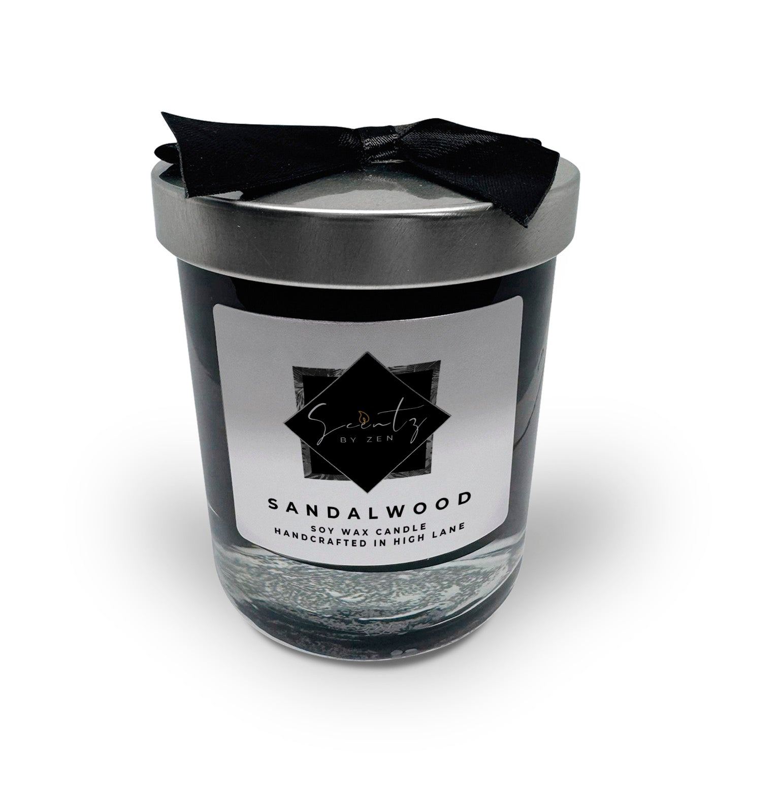 7oz Black soy wax candle in a glass jar, labeled "Sandalwood" topped with a silver lid and black ribbon, handcrafted in High Lane.
