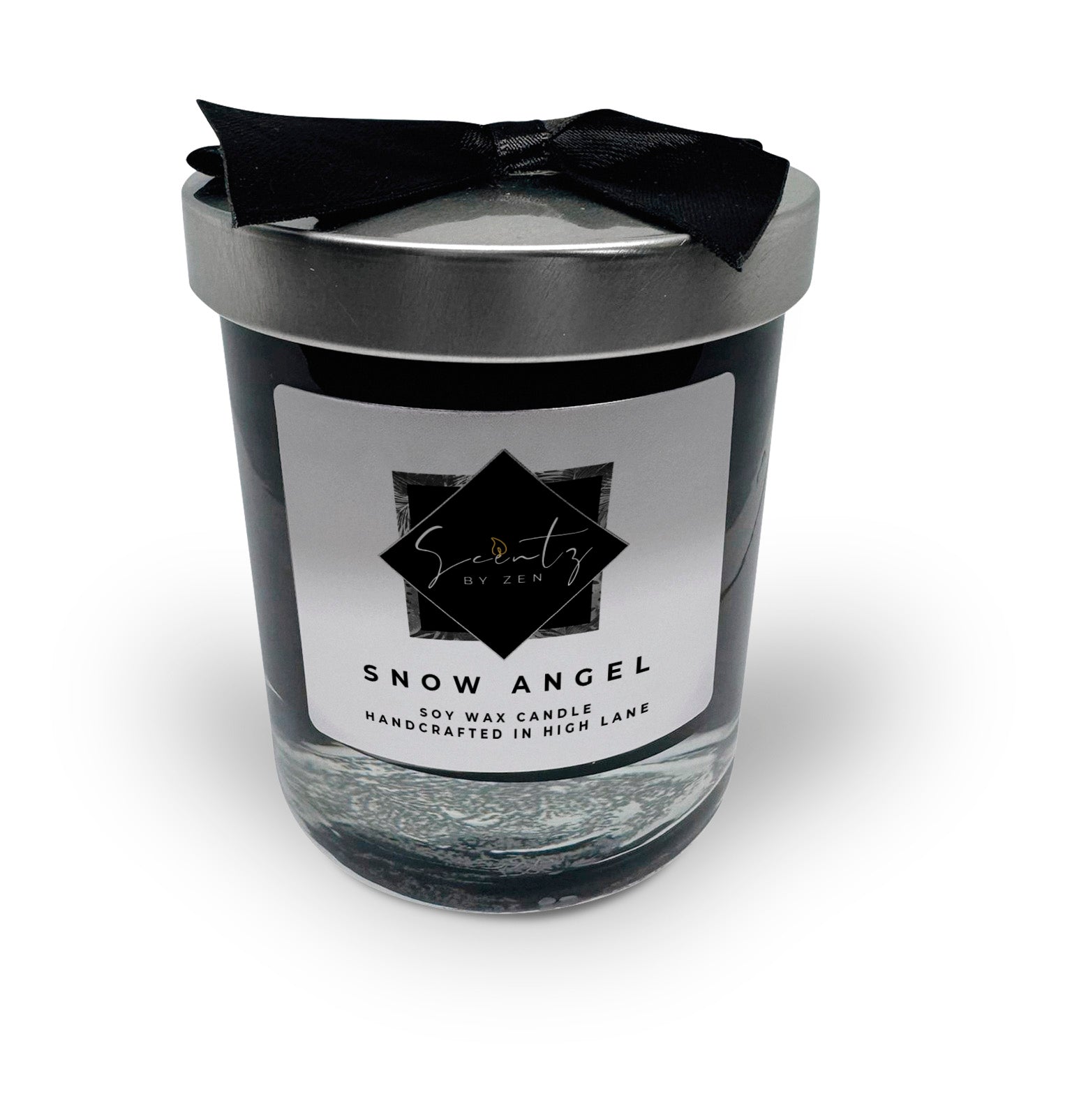 10oz Black soy wax candle in a glass jar, labeled "Snow Angel" topped with a silver lid and black ribbon, handcrafted in High Lane.